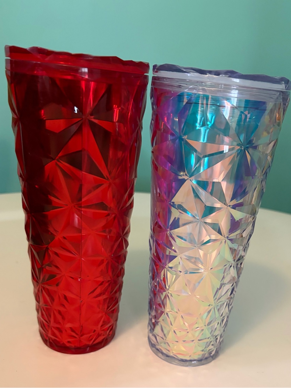 2 Starbucks 2023 Holiday 24 oz Iridescent Prism Red & Clear Tumblers.
